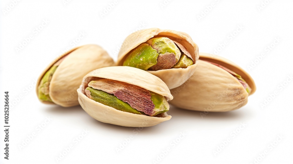 Closeup of pistachio halves, isolated on a clean white background with minimal shadowing Closeup of pistachio halves, isolated on a clean white background with minimal shadowing