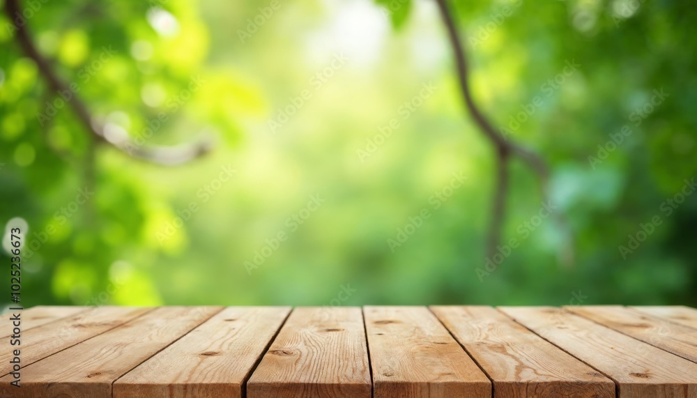 Wooden Table with Blurred Green Foliage Background for Nature-Inspired Design Projects Wooden Table with Blurred Green Foliage Background for Nature-Inspired Design Projects