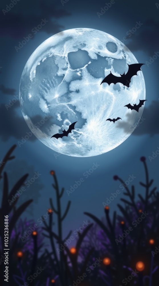 Fototapeta premium Bats silhouette flying against full moon night sky, spooky Halloween cartoon iPhone wallpaper background