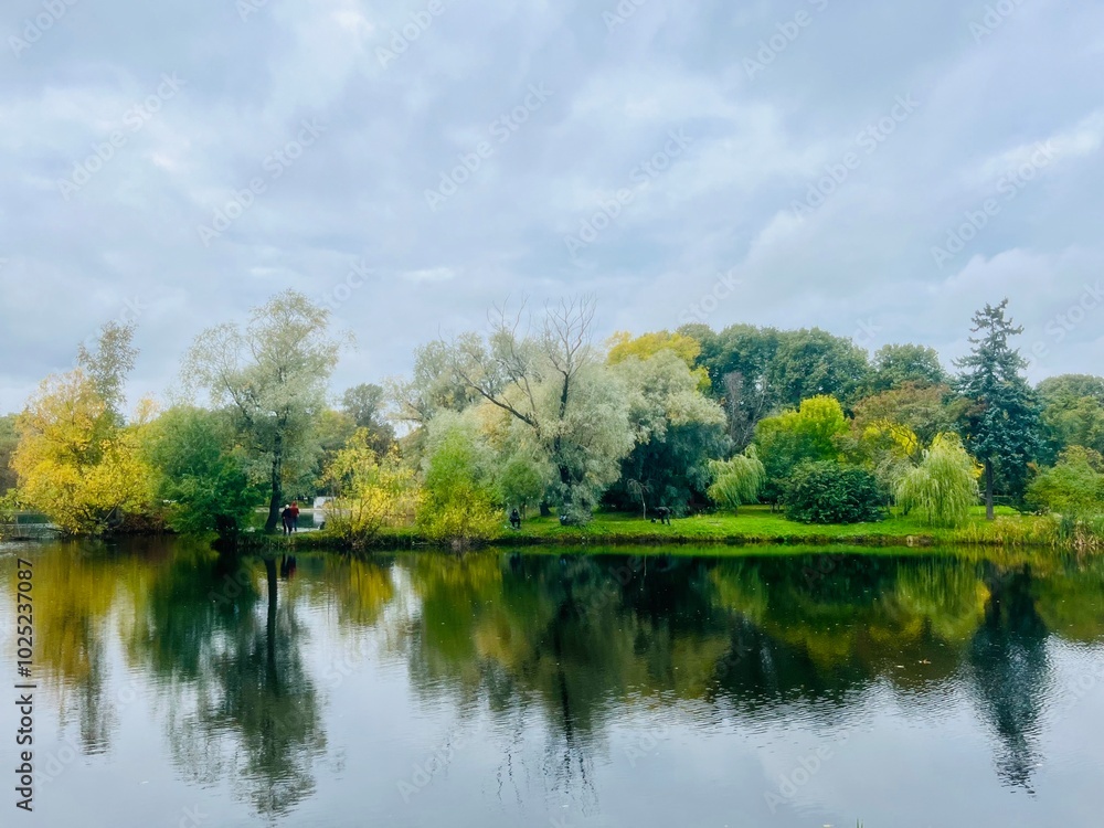 autumn trees reflection on the pond surface, calm water surface, mirror, cloudy sky autumn trees reflection on the pond surface, calm water surface, mirror, cloudy sky