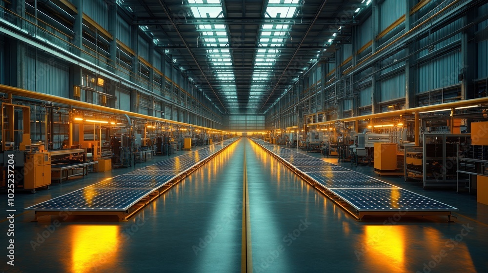 Fototapeta premium Modern factory with solar panels and industrial machinery.