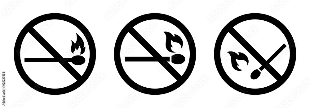 No open fire sign set isolated. Set of no fire sign symbol black color. No open fire burning symbol. Ban matchstick symbol. No open flame. Prohibited signs symbol. Ban sign icon. Vector illustration. No open fire sign set isolated. Set of no fire sign symbol black color. No open fire burning symbol. Ban matchstick symbol. No open flame. Prohibited signs symbol. Ban sign icon. Vector illustration.