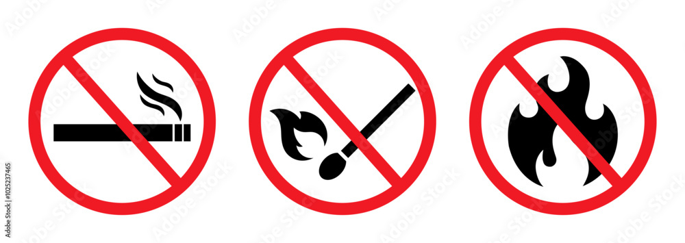 No smoking, no alcohol, no open flame sign symbol isolated on white background. Red forbidden circle vector stickers for public area. Prohibited signs symbol. Ban sign symbol. Vector illustration. No smoking, no alcohol, no open flame sign symbol isolated on white background. Red forbidden circle vector stickers for public area. Prohibited signs symbol. Ban sign symbol. Vector illustration.