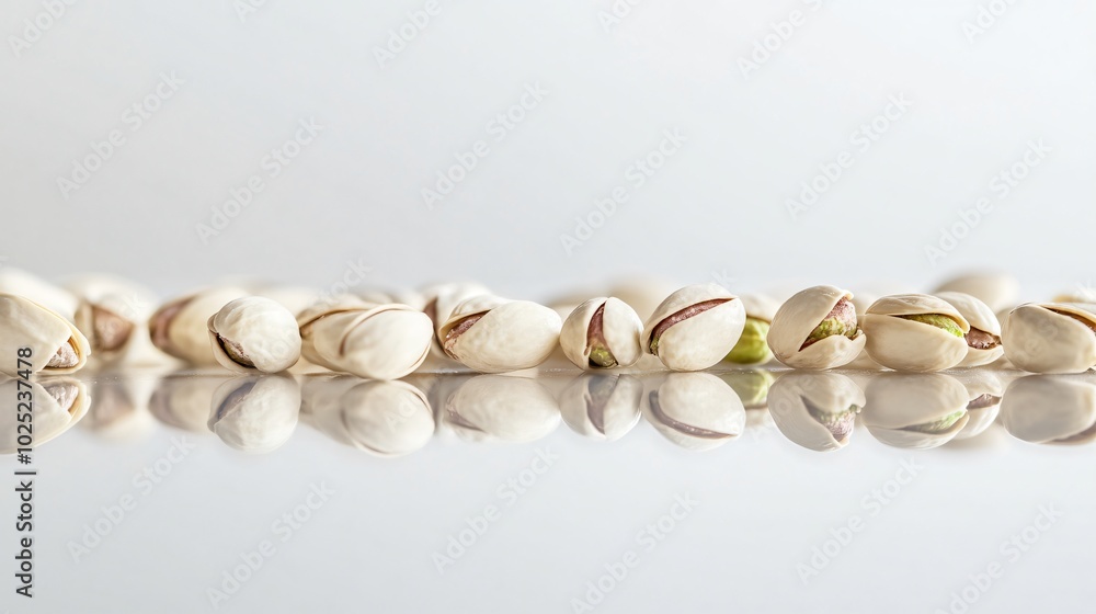 Pistachios scattered across a reflective surface, isolated on a bright white background for a clean look Pistachios scattered across a reflective surface, isolated on a bright white background for a clean look