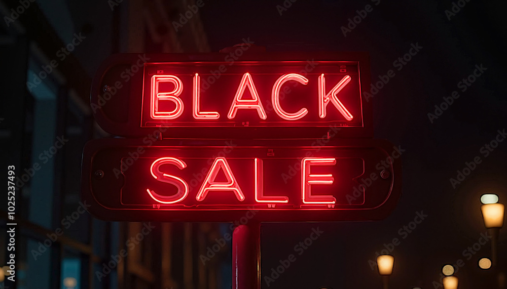 Neon sign reading Black Sale illuminated at night in a shopping environment Neon sign reading Black Sale illuminated at night in a shopping environment