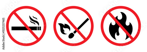 No smoking, no alcohol, no open flame sign symbol isolated on white background. Red forbidden circle vector stickers for public area. Prohibited signs symbol. Ban sign symbol. Vector illustration.