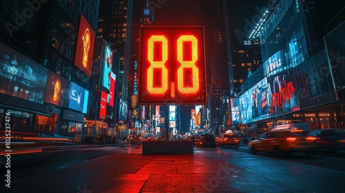 A red digital clock displaying 88 in Times Square at night, with brightly lit billboards and traffic in the background.