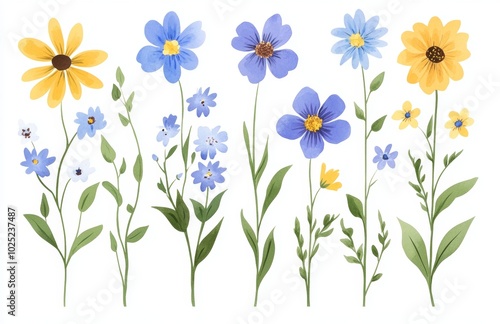 The watercolor illustrations of flowers on a white background are hand-painted for invitations and designs.