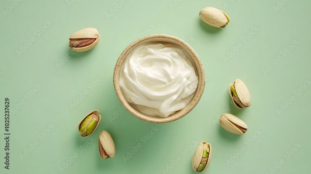 Pistachios with a small bowl of Greek yogurt, isolated on a soft green background with minimal garnish Pistachios with a small bowl of Greek yogurt, isolated on a soft green background with minimal garnish