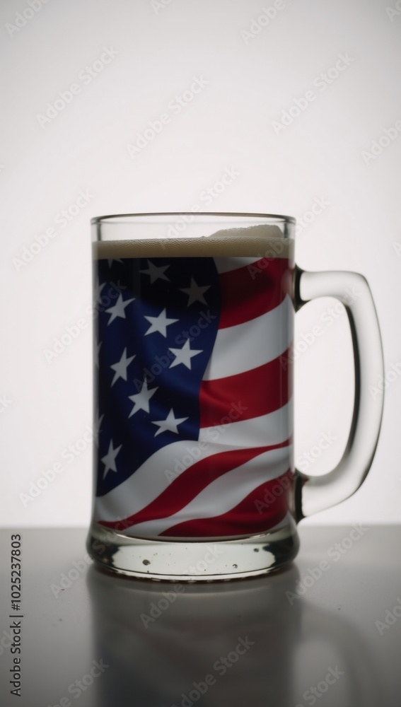 Close-up minimalist drawing highlighting the symbolic contrast between an American flag reflection and a frosty beer mug Close-up minimalist drawing highlighting the symbolic contrast between an American flag reflection and a frosty beer mug