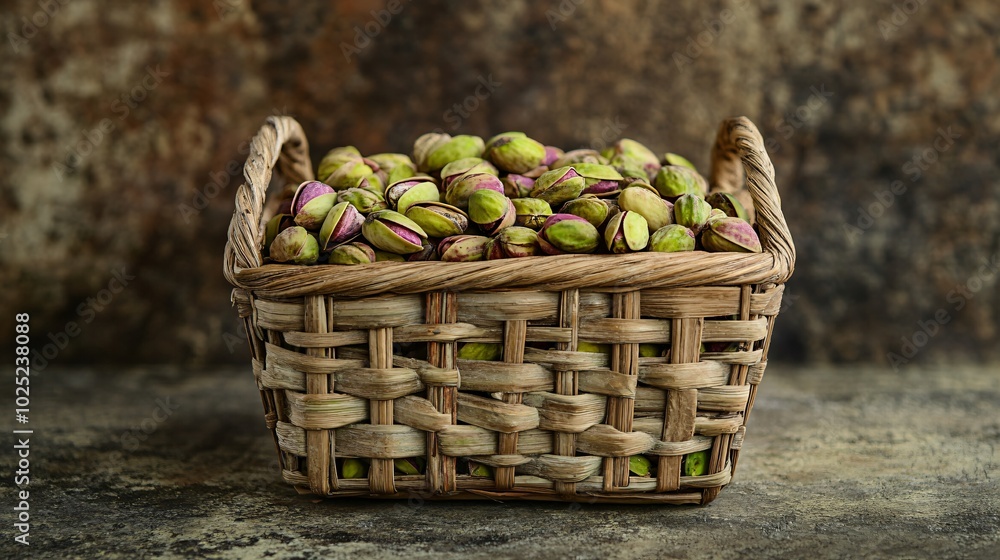 Shelled pistachios in a small bamboo basket, isolated on a rustic background with earth tones Shelled pistachios in a small bamboo basket, isolated on a rustic background with earth tones