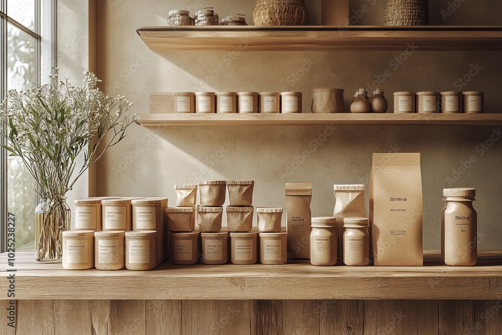 A collection of brown paper packaging and jars on a wooden counter in a minimalist shop with a window in the background. A collection of brown paper packaging and jars on a wooden counter in a minimalist shop with a window in the background.