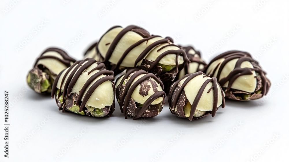 Shelled pistachios with a drizzle of dark chocolate, isolated on a bright white background for a healthy snack Shelled pistachios with a drizzle of dark chocolate, isolated on a bright white background for a healthy snack