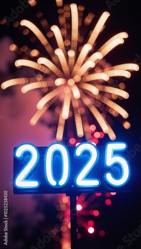 Festive neon sign with firework display celebrates 2025 photo