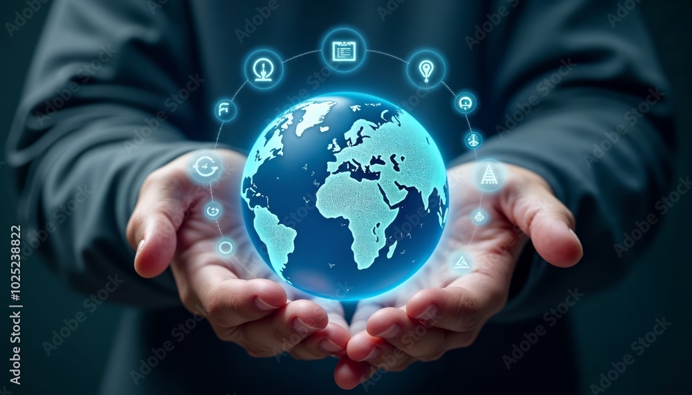 Hands Holding a Glowing Blue Globe Representing Global Connectivity and Digital Technology Hands Holding a Glowing Blue Globe Representing Global Connectivity and Digital Technology