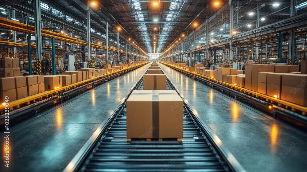 A long conveyor belt in a modern warehouse with cardboard boxes moving along it. A long conveyor belt in a modern warehouse with cardboard boxes moving along it.