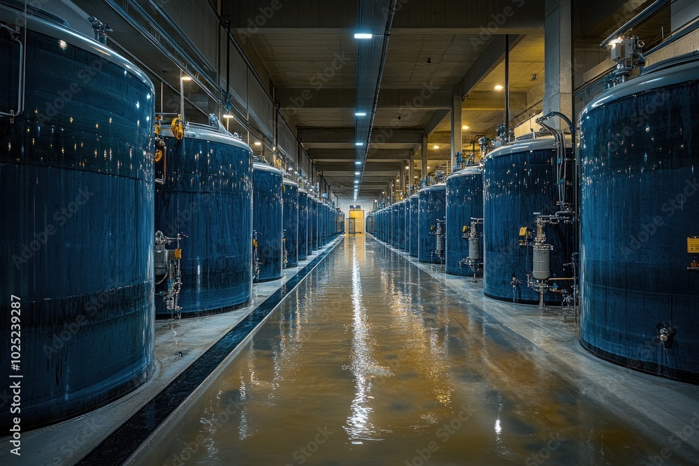 Industrial interior with large blue tanks and a wet concrete floor. Industrial interior with large blue tanks and a wet concrete floor.