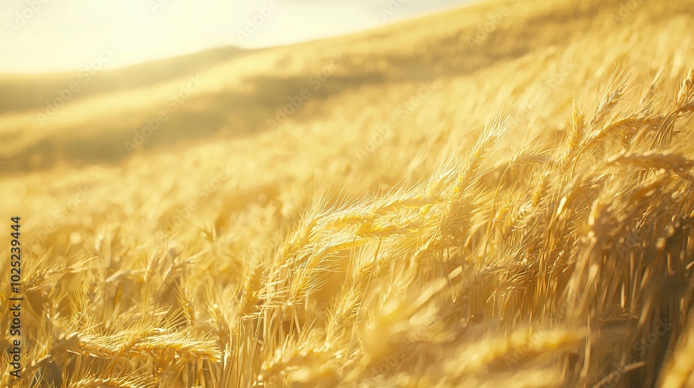 A field of wheat in focus, with sunlight illuminating the hills behind, while the grass in the foreground is blurry A field of wheat in focus, with sunlight illuminating the hills behind, while the grass in the foreground is blurry