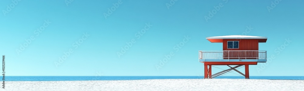 Fototapeta premium Red lifeguard tower on a beach with a blue sky