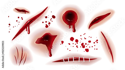 Collection of various realistic wounds, including gunshot and stab wounds, cuts, animal scratches, and blood splatters.