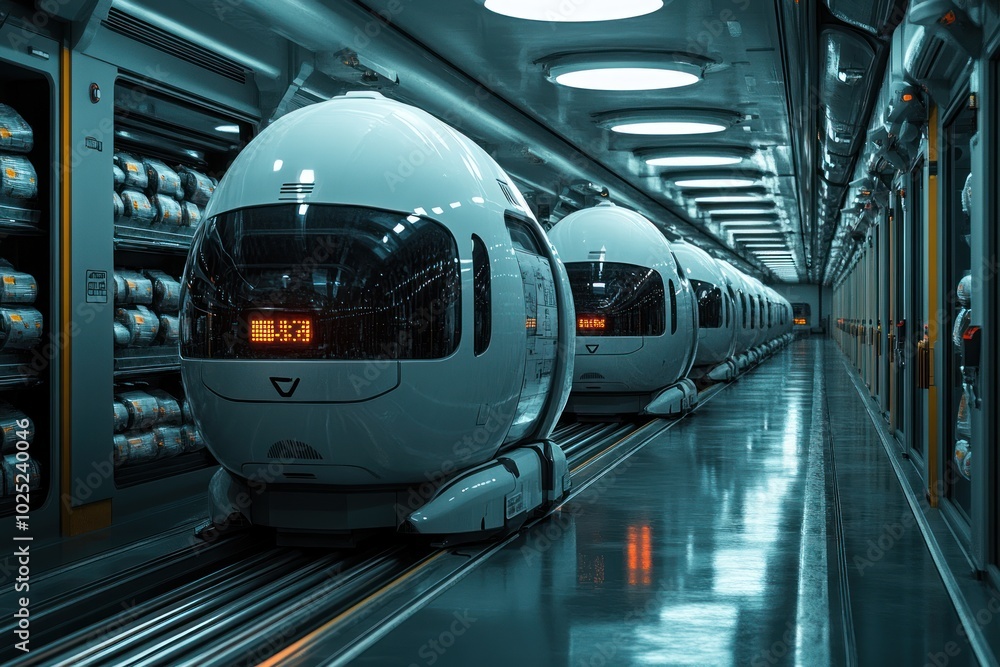 Futuristic transportation pods lined up in a futuristic warehouse. Futuristic transportation pods lined up in a futuristic warehouse.