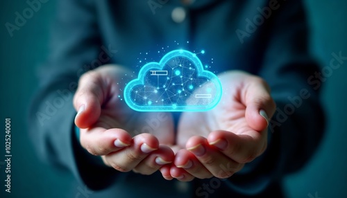 Wallpaper Mural Hands Holding a Glowing Blue Cloud Icon Representing Cloud Computing and Data Storage Concept Torontodigital.ca