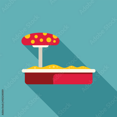 Sandbox with red mushroom for protecting children from sunstroke on playground, flat style icon with long shadow