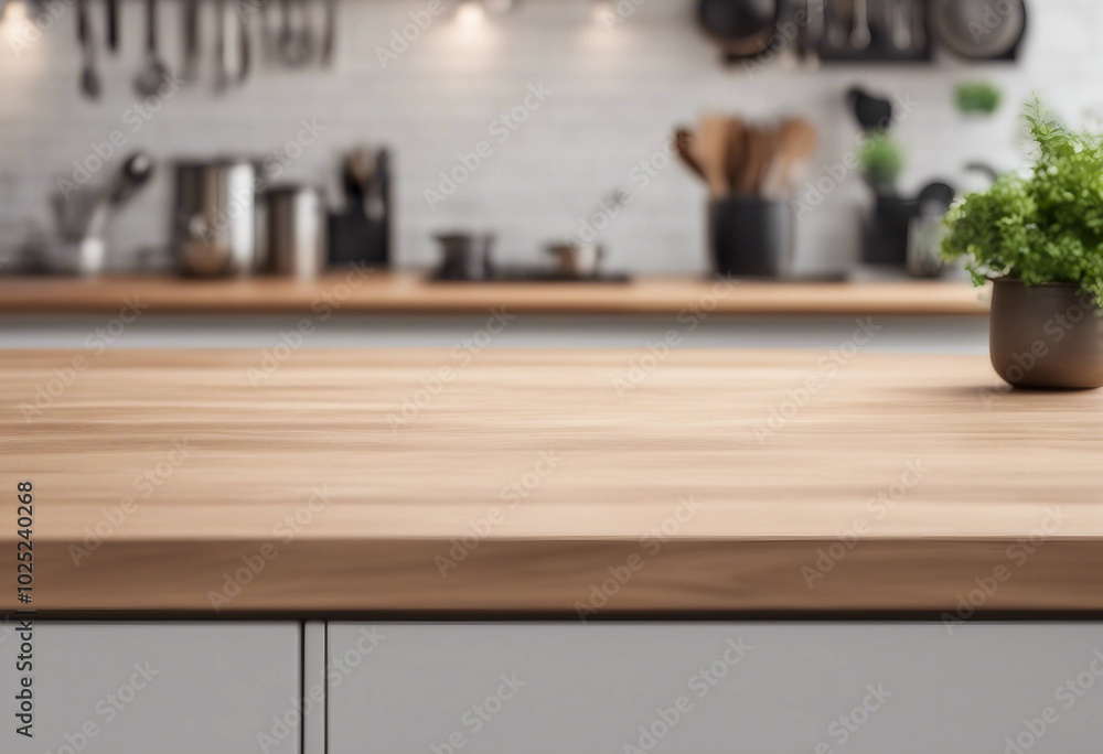 Empty beautiful wood table top counter and blur bokeh modern kitchen interior background in clean an Empty beautiful wood table top counter and blur bokeh modern kitchen interior background in clean an