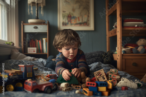 A child interacting with old-fashioned toys in a vintage-themed room