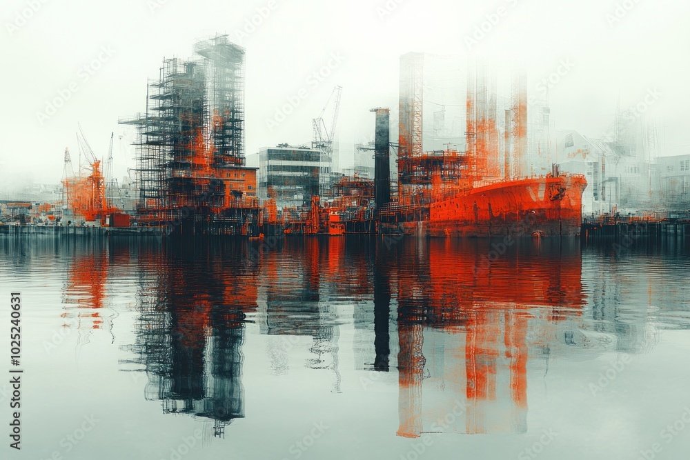 A watercolor-style depiction of a busy industrial harbor with a large ship docked in the foreground. The ship and the buildings are reflected in the water. A watercolor-style depiction of a busy industrial harbor with a large ship docked in the foreground. The ship and the buildings are reflected in the water.