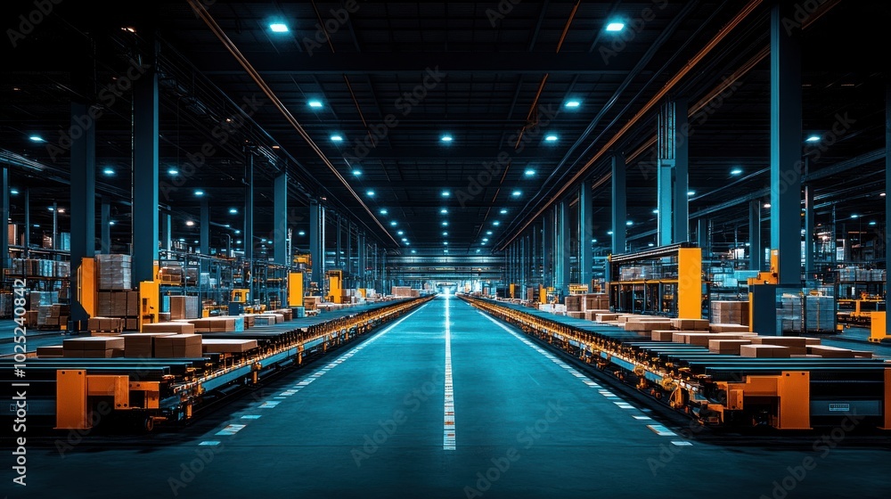 An empty warehouse with conveyor belts and bright lights. An empty warehouse with conveyor belts and bright lights.