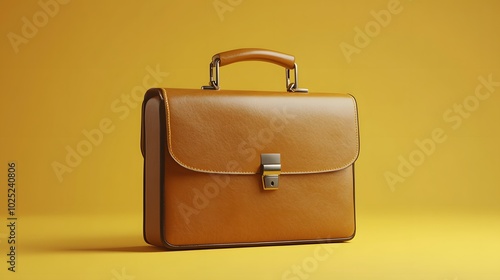 Leather briefcase on yellow background. Minimal idea concept, 3d illustration. 