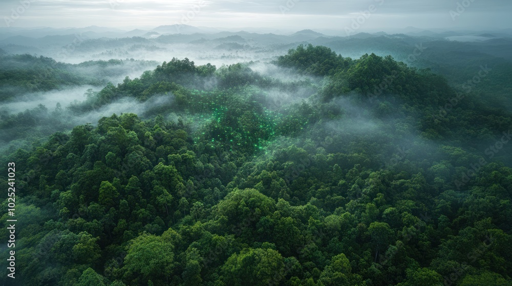 An aerial view of a lush green forest covered in mist. An aerial view of a lush green forest covered in mist.