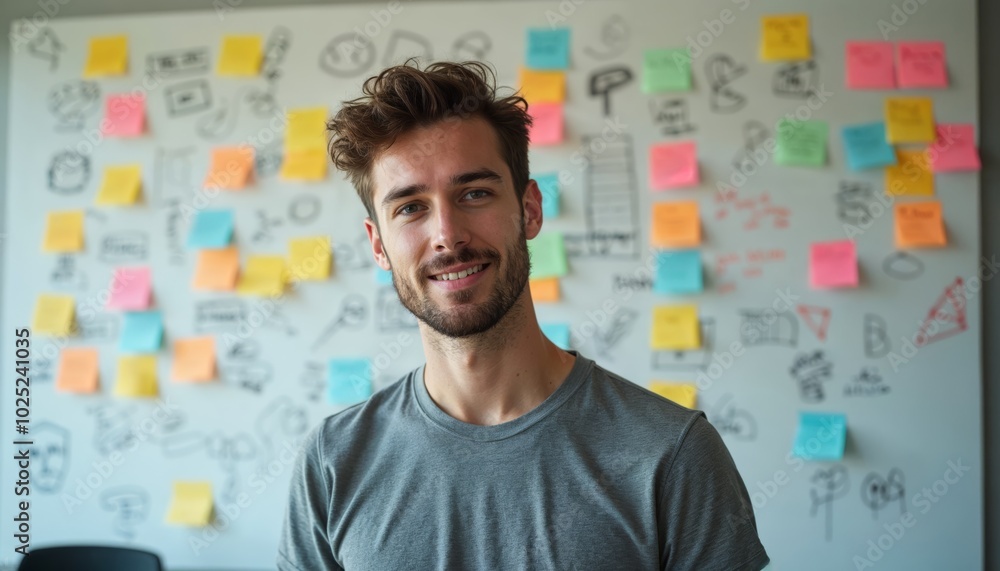 Smiling Young Man with Colorful Sticky Notes in the Background Perfect for Business and Creative Projects Smiling Young Man with Colorful Sticky Notes in the Background Perfect for Business and Creative Projects