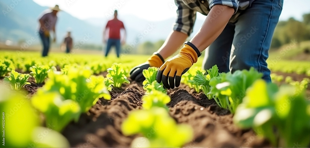 Farmers Tending to Crops in a vagetable Field Farmers Tending to Crops in a vagetable Field
