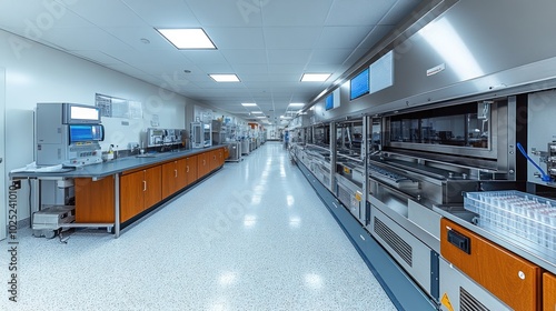 An industrial corridor with stainless steel machinery and equipment in a sterile setting.