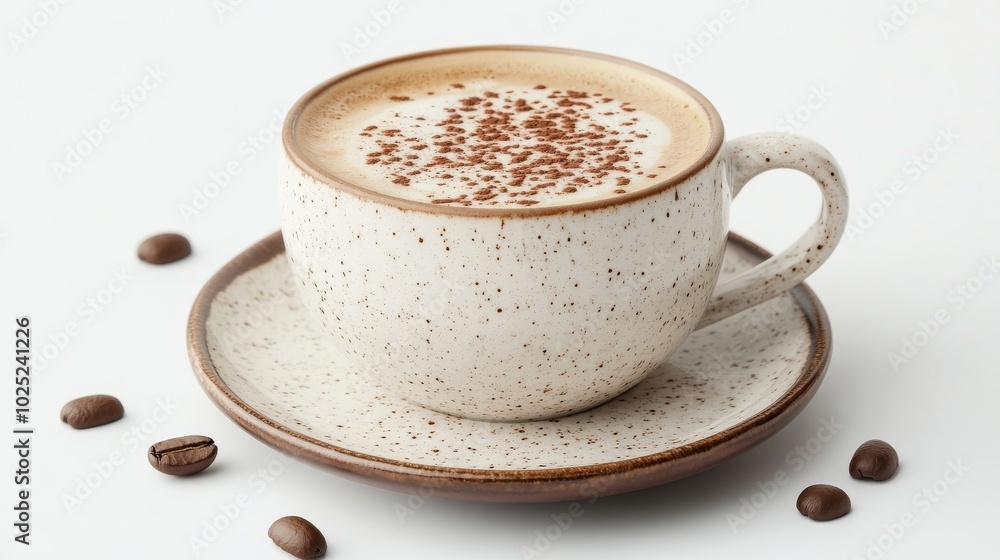 A cappuccino in a ceramic mug with a saucer, placed on a white background A cappuccino in a ceramic mug with a saucer, placed on a white background