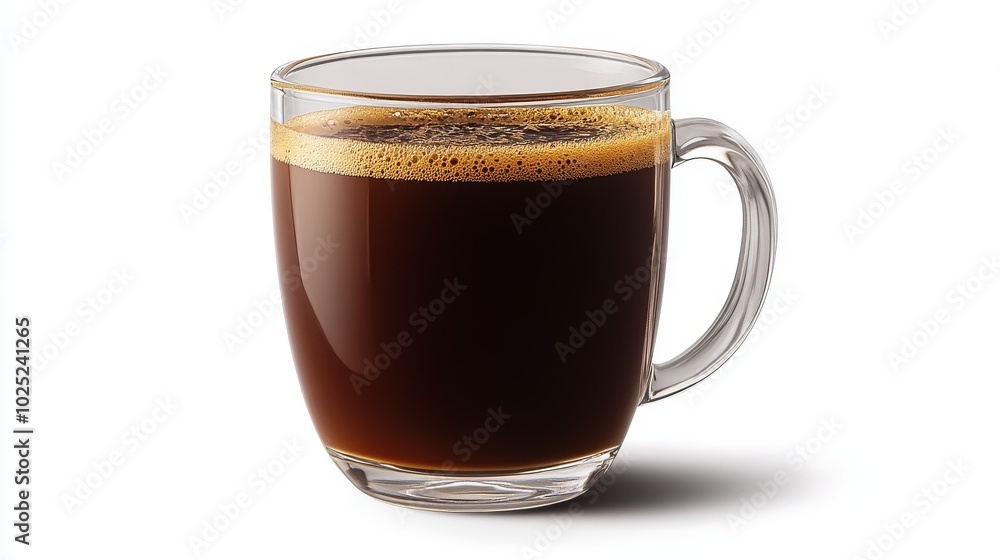 A clear glass mug filled with coffee, set against a white background A clear glass mug filled with coffee, set against a white background