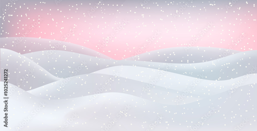 Fototapeta premium Winter landscape. Christmas card. Happy New Year card. A Christmas winter landscape with drifts of snow. 3D realistic snow background. Snow drifts isolated on hilly background. Christmas Vector illust