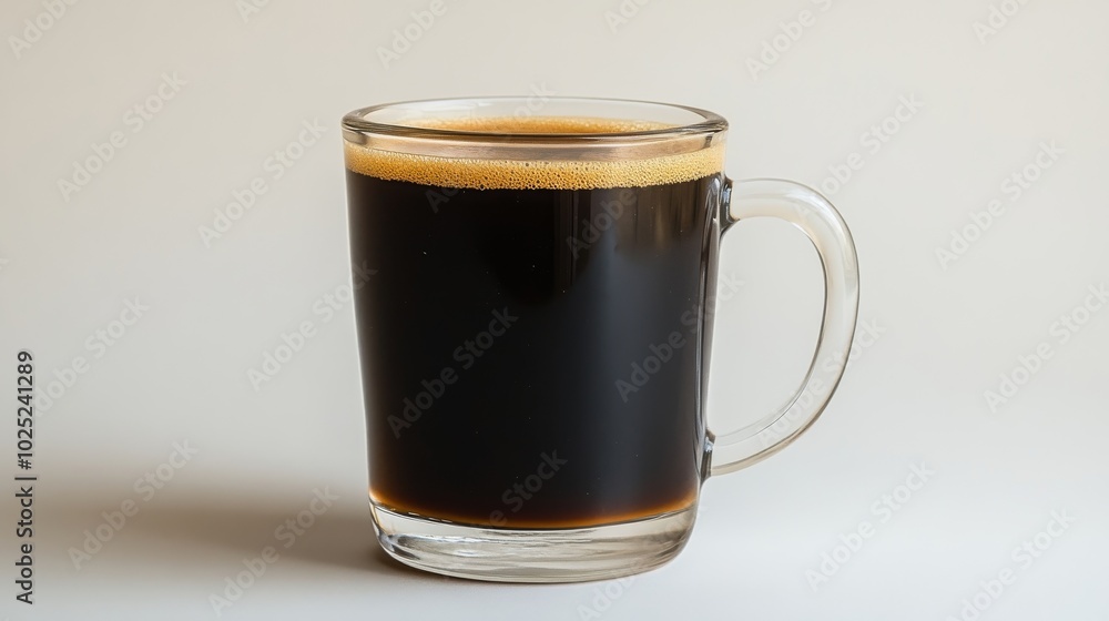 A clear glass mug filled with coffee, set against a white background A clear glass mug filled with coffee, set against a white background
