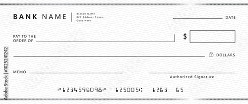 Bank check, vector blank money cheque, checkbook template with guilloche pattern and fields. Currency payment coupon, money check background	