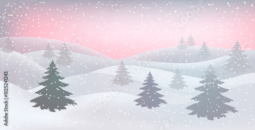 Winter landscape. Christmas card. Happy New Year card. A Christmas winter landscape with drifts of snow. 3D realistic snow background. Snow drifts isolated on hilly background. Christmas Vector illust