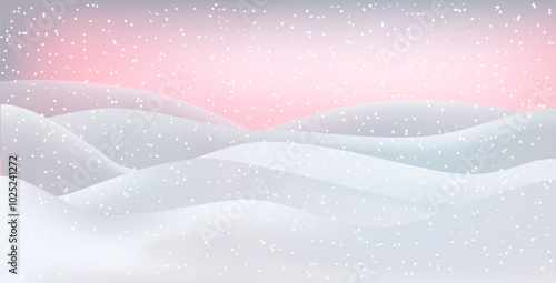 Winter landscape. Christmas card. Happy New Year card. A Christmas winter landscape with drifts of snow. 3D realistic snow background. Snow drifts isolated on hilly background. Christmas Vector illust