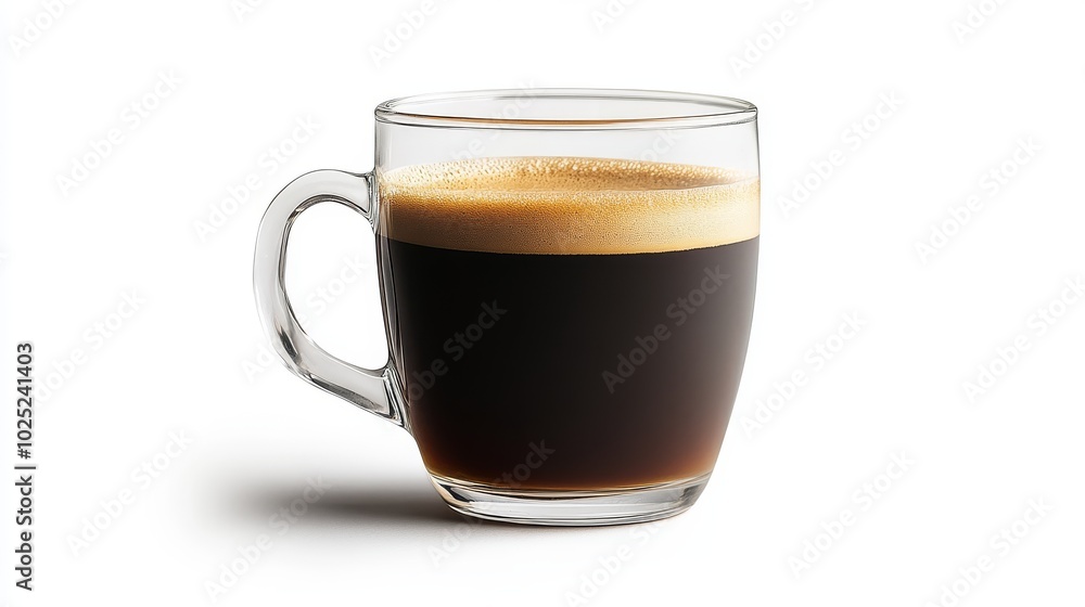 A clear glass mug filled with coffee, set against a white background A clear glass mug filled with coffee, set against a white background