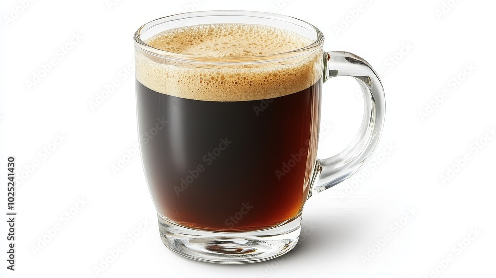 A clear glass mug filled with coffee, set against a white background A clear glass mug filled with coffee, set against a white background