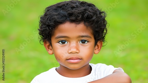 A close-up portrait of a young boy with curly hair, showcasing innocence and curiosity in a bright, natural setting.