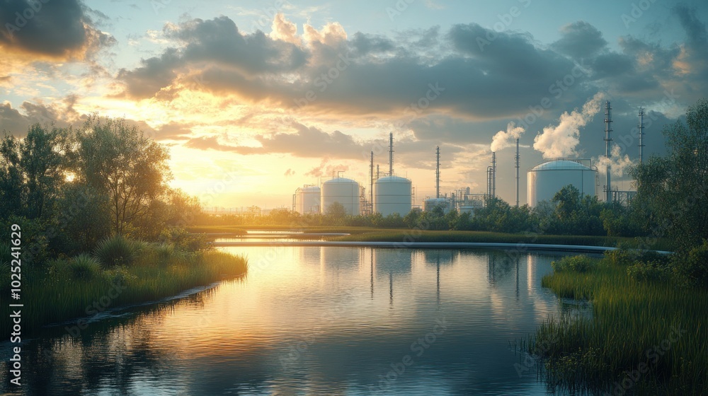 Naklejka premium Industrial complex silhouetted against a dramatic sunset sky, reflected in a calm river.