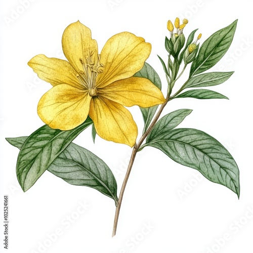 Detailed watercolor illustration of a bright yellow hypericum perforatum flower (common goatweed).