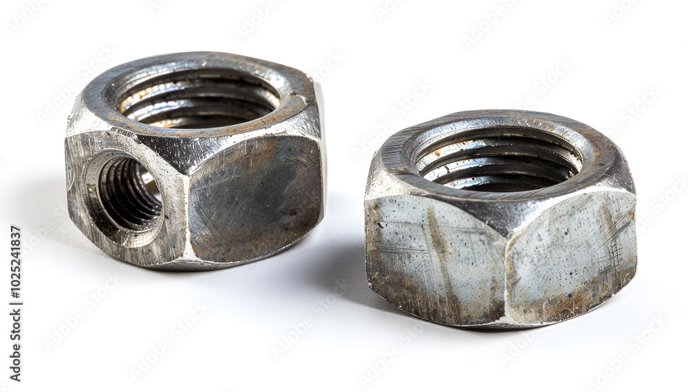 Two metal nyloc nuts on white background Two metal nyloc nuts on white background