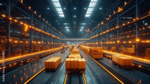 A modern warehouse interior with a conveyor belt system transporting boxes, featuring bright lighting and a sense of efficiency.